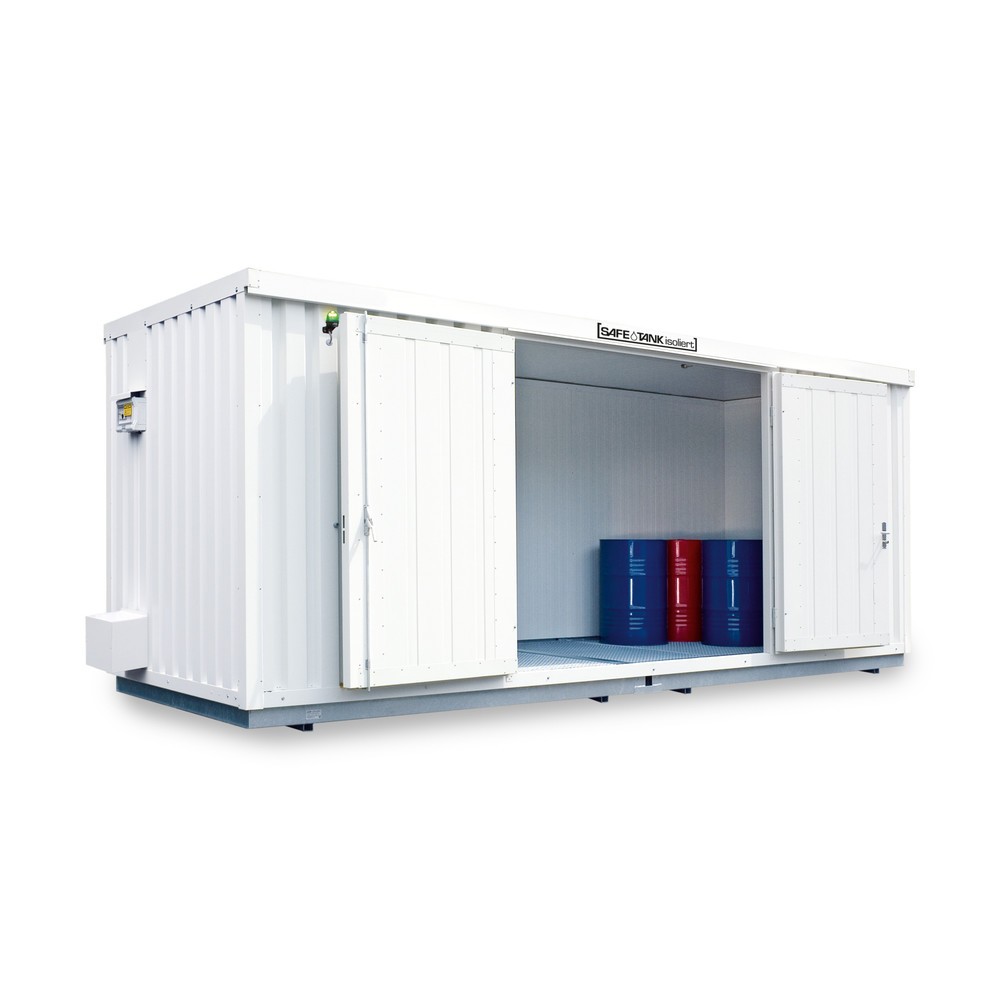 SAFE Tank Gefahrstoffcontainer 1000 ECO, isoliert, energieeffizient durch bedarfsgerechte Lüftersteuerung, Masse aussen 3350x2170x2560 mm, Doppelflügeltür, mittig in Breitseite, Lagerfläche 6 m²