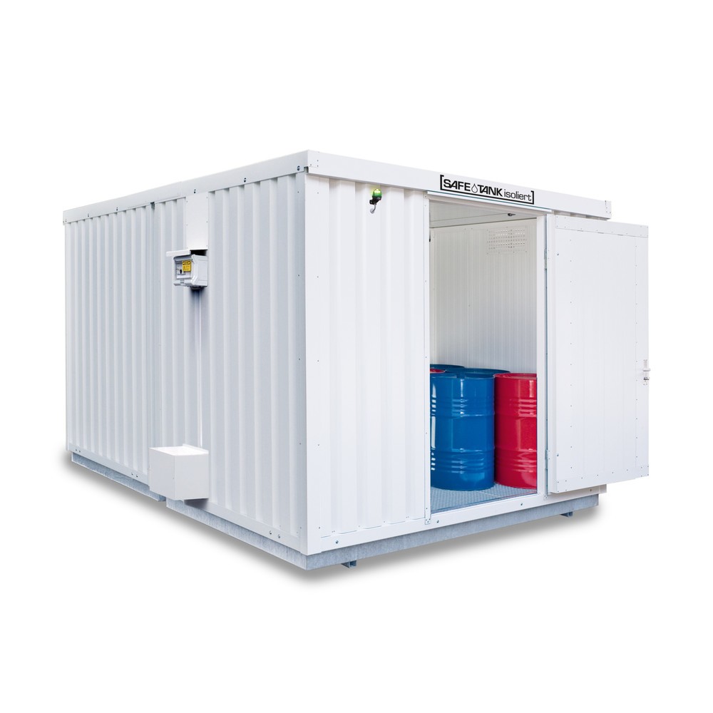 SAFE Tank Gefahrstoffcontainer 2000 ECO, isoliert, energieeffizient durch bedarfsgerechte Lüftersteuerung, Masse aussen 3350x4340x2560 mm, Einzelflügeltür, mittig in der 3 m Seite, Lagerfläche 11 m²