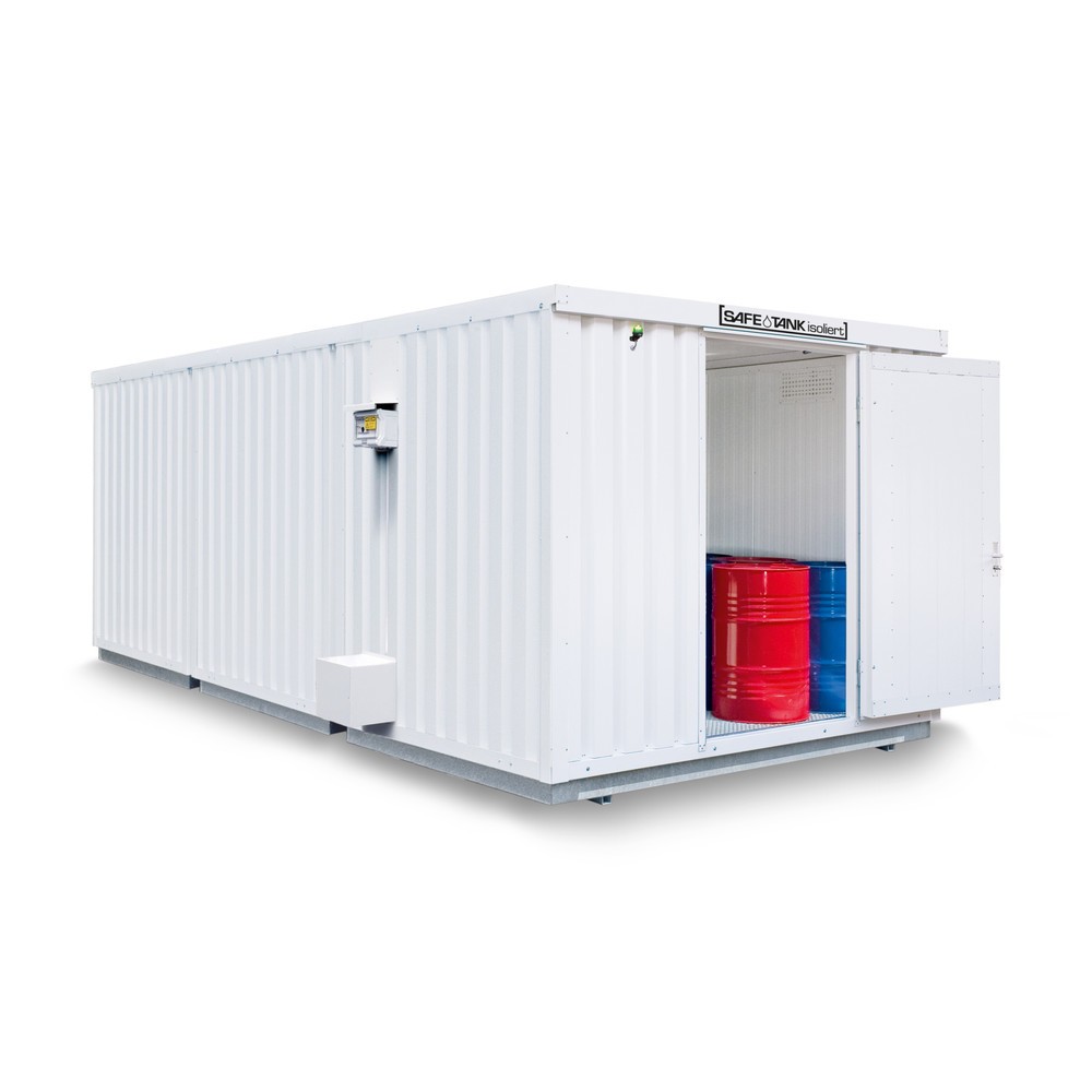 SAFE Tank Gefahrstoffcontainer 3000 ECO, isoliert, energieeffizient durch bedarfsgerechte Lüftersteuerung, Masse aussen 3350x6520x2560 mm, Einzelflügeltür, mittig in 3 m Seite, Lagerfläche 19 m²