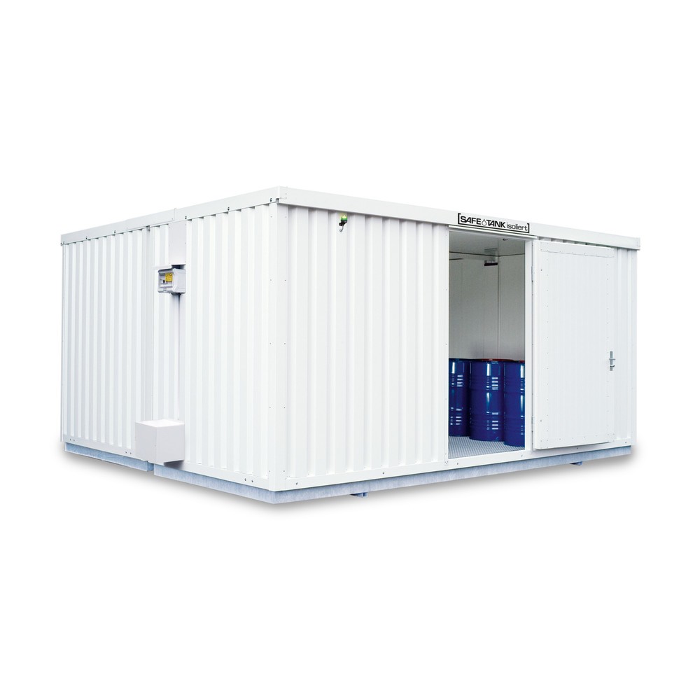 SAFE Tank Gefahrstoffcontainer 4000 ECO, isoliert, energieeffizient durch bedarfsgerechte Lüftersteuerung, Masse aussen 5380x4340x2520 mm, Einzelflügeltür, mittig in Breitseite, Lagerfläche 21 m²