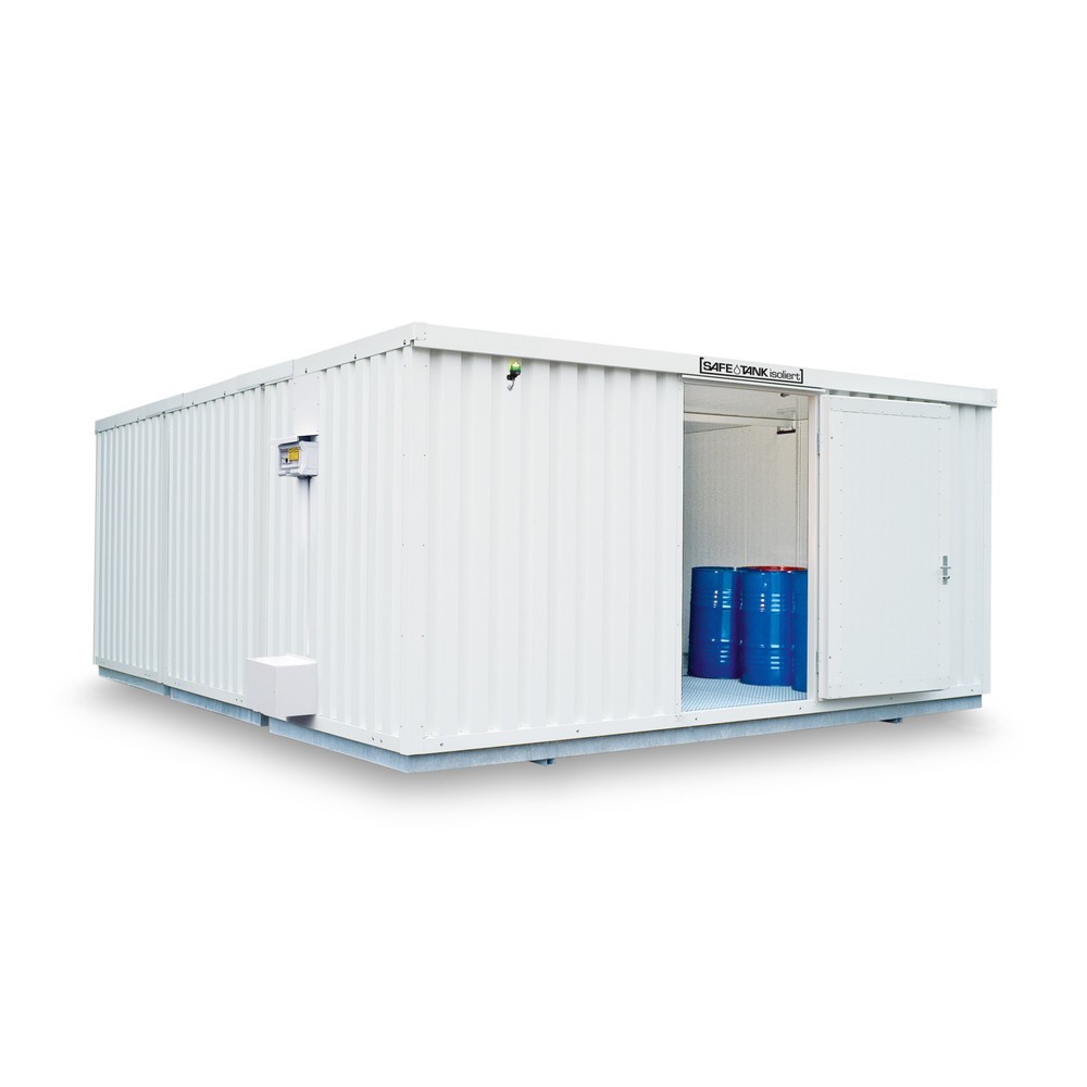 SAFE Tank Gefahrstoffcontainer 5000 ECO, isoliert, energieeffizient durch bedarfsgerechte Lüftersteuerung, Masse aussen 5380x6520x2520 mm, Einzelflügeltür, seitlich in 6 m Seite, Lagerfläche 30 m²