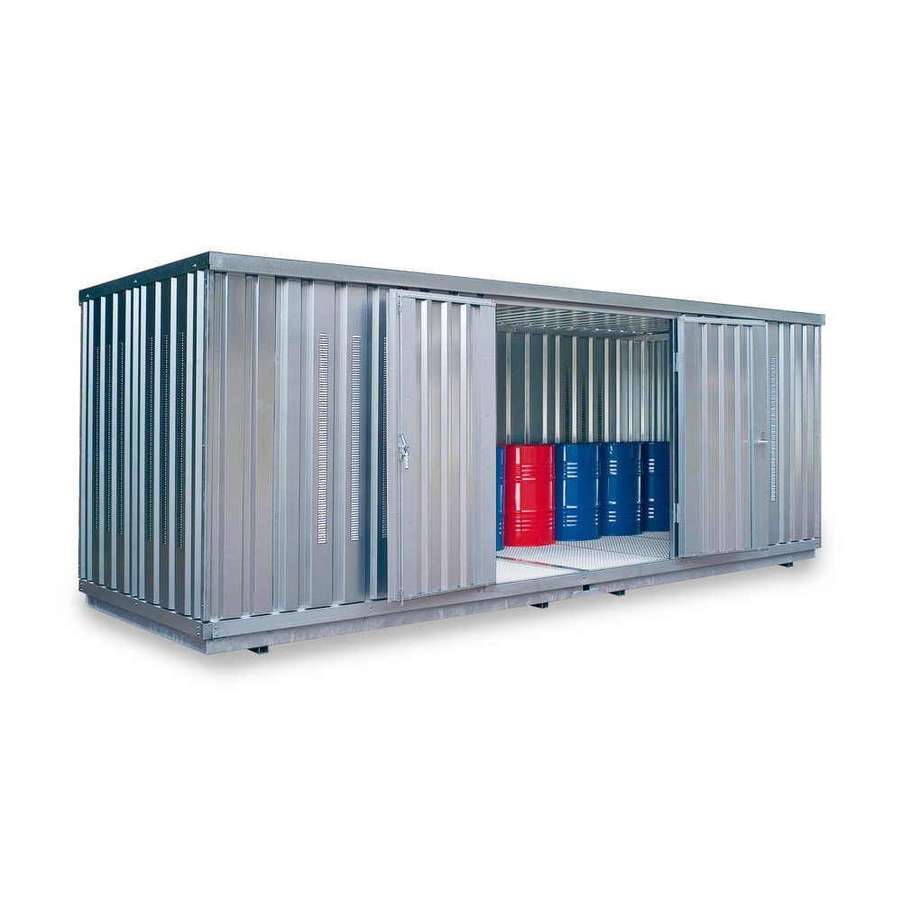 SAFE Tank Gefahrstoffcontainer 1900 PLG, Aussenaufstellung, verzinkt, montiert, Masse aussen 6080x2170x2310 mm, Doppelflügeltür (asymmetrische Teilung), mittig in 6 m Seite, Lagerfläche 12 m²