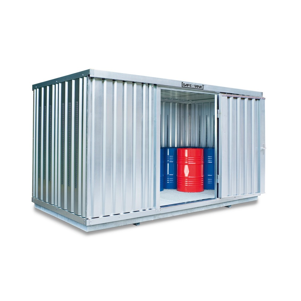 SAFE Tank Gefahrstoffcontainer 1350 PLG, Aussenaufstellung, verzinkt, montiert, Masse aussen 4050x2170x2300 mm, Doppelflügeltür (asymmetrische Teilung), mittig in 4 m Seite, Lagerfläche 8 m²