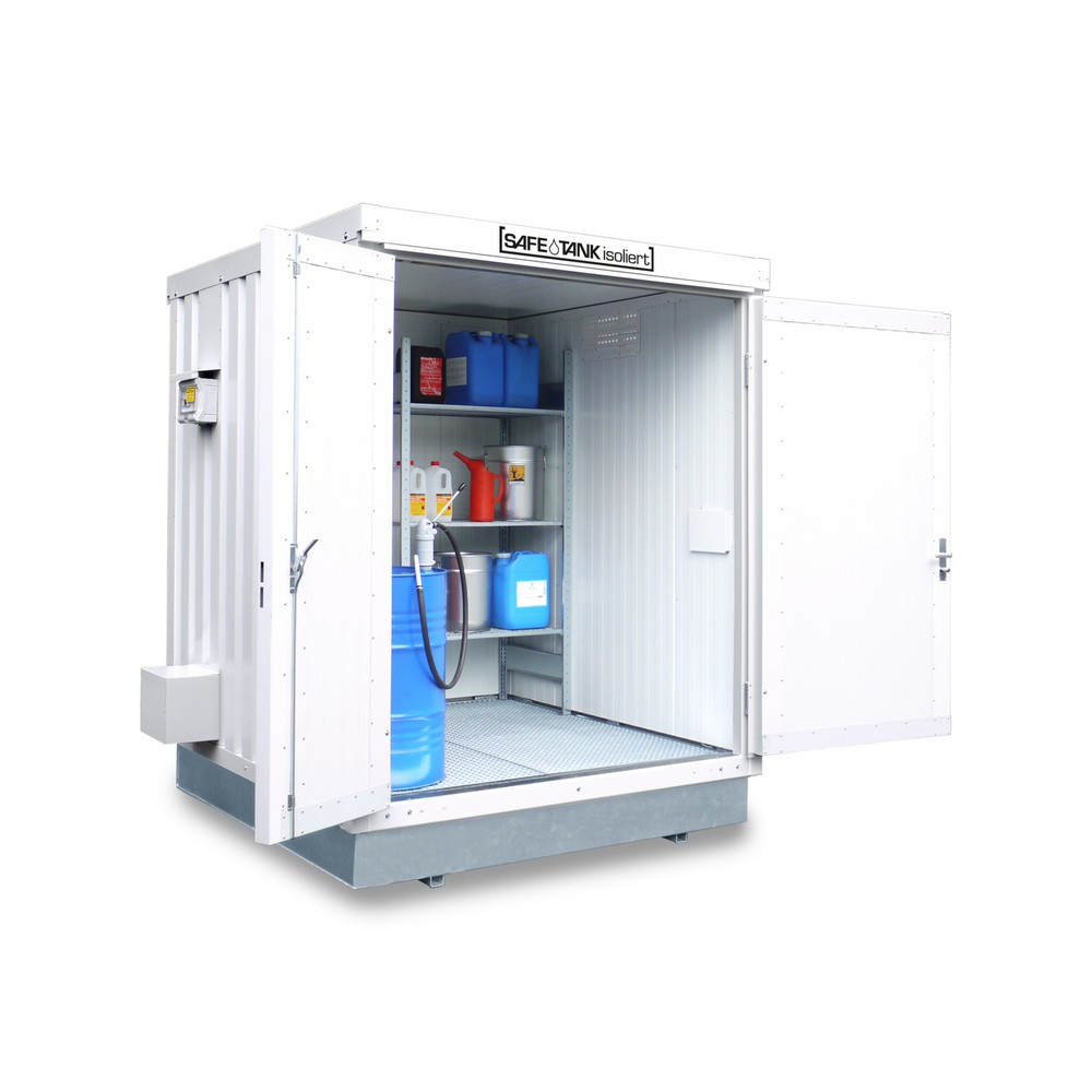 SAFE Tank Gefahrstoffcontainer 400 KTC ALG, isoliert, Aussenaufstellung, montiert, kunststoffbeschichtet RAL 9002, Masse aussen 2400x2170x2650 mm, Doppelflügeltür (asymmetrische Teilung), mittig in Stirnseite, Lagerfläche 4 m²