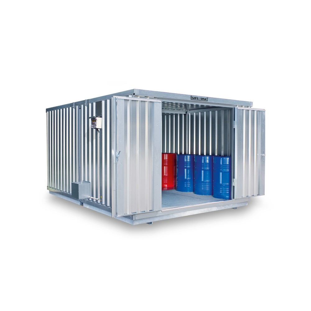 SAFE Tank Gefahrstoffcontainer Kombination 2500 ALG, verzinkt, vormontiert, Masse aussen 4350x4340x2300 mm, Einzelflügeltür, mittig in der langen Seite, Lagerfläche 16 m²