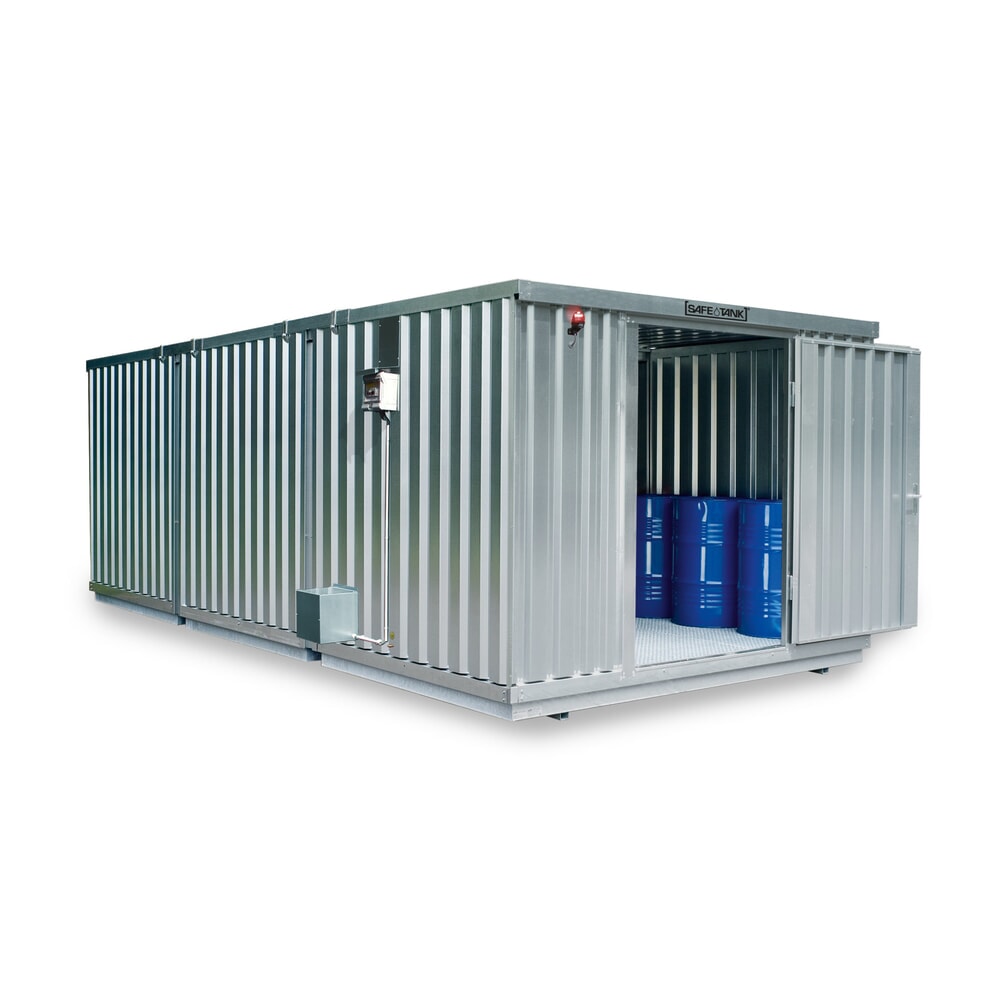 SAFE Tank Gefahrstoffcontainer Kombination 2000 ALG, verzinkt, vormontiert, Masse aussen 3350x4340x2300 mm, Einzelflügeltür, mittig im Modul, Lagerfläche 12 m²