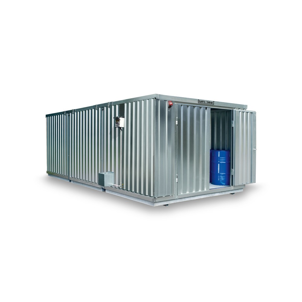 SAFE Tank Gefahrstoffcontainer Kombination 2500 ALG, verzinkt, vormontiert, Masse aussen 4350x4340x2000 mm, Doppelflügeltür (asymmetrische Teilung), mittig in der kurzen Seite, Lagerfläche 16 m²