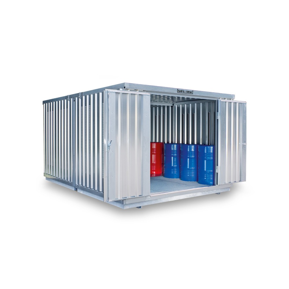 SAFE Tank Gefahrstoffcontainer Kombination 2500 PLG, verzinkt, vormontiert, Masse aussen 4050x4340x2300 mm, Doppelflügeltür, mittig in der kurzen Seite, Lagerfläche 16 m²