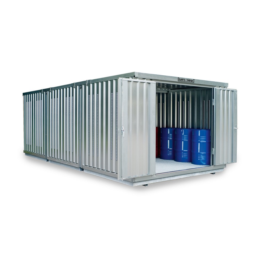 SAFE Tank Gefahrstoffcontainer Kombination 3500 PLG, verzinkt, vormontiert, Masse aussen 4050x6520x2300 mm, Doppelflügeltür, mittig in der kurzen Seite, Lagerfläche 25 m²