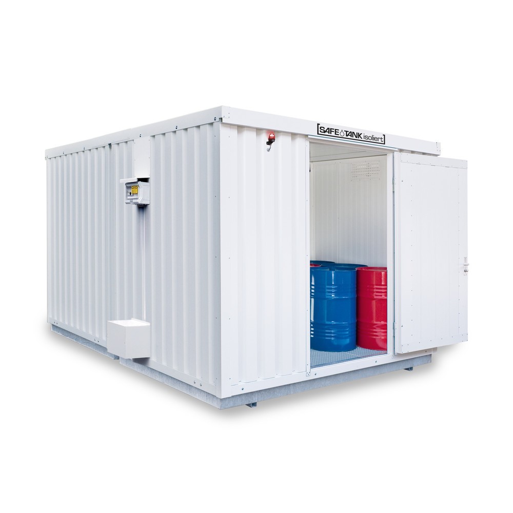 SAFE Tank Gefahrstoffcontainer Kombination 2000 ALG, isoliert, vormontiert, kunststoffbeschichtet RAL 9002, Masse aussen 3350x4340x2560 mm, Doppelflügeltür (asymmetrische Teilung), mittig in Stirnseite, Lagerfläche 11 m²