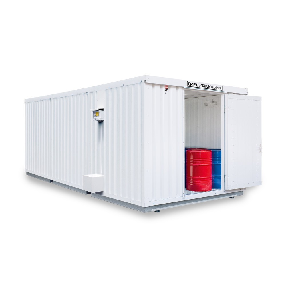 SAFE Tank Gefahrstoffcontainer Kombination 3000 ALG, isoliert, vormontiert, kunststoffbeschichtet RAL 9002, Masse aussen 3350x6520x2560 mm, Doppelflügeltür, mittig in Stirnseite, Lagerfläche 19 m²
