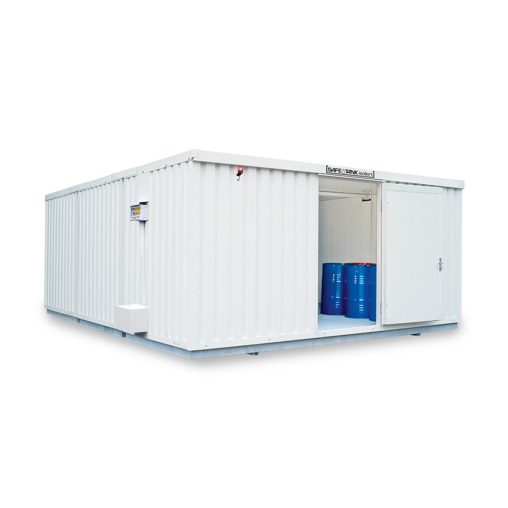 SAFE Tank Gefahrstoffcontainer Kombination 5000 ALG, isoliert, vormontiert, kunststoffbeschichtet RAL 9002, Masse aussen 5380x6520x2520 mm, Doppelflügeltür (asymmetrische Teilung), mittig in Stirnseite, Zusatztür, Lagerfläche 30 m²