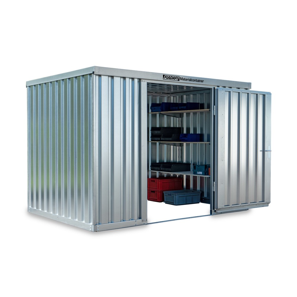 FLADAFI® Materialcontainer, verzinkt, zerlegt, 10 m², ohne Boden, HxBxT 2.115 x 5.080 x 2.170 mm, Einzelflügeltür, mittig in Stirnseite