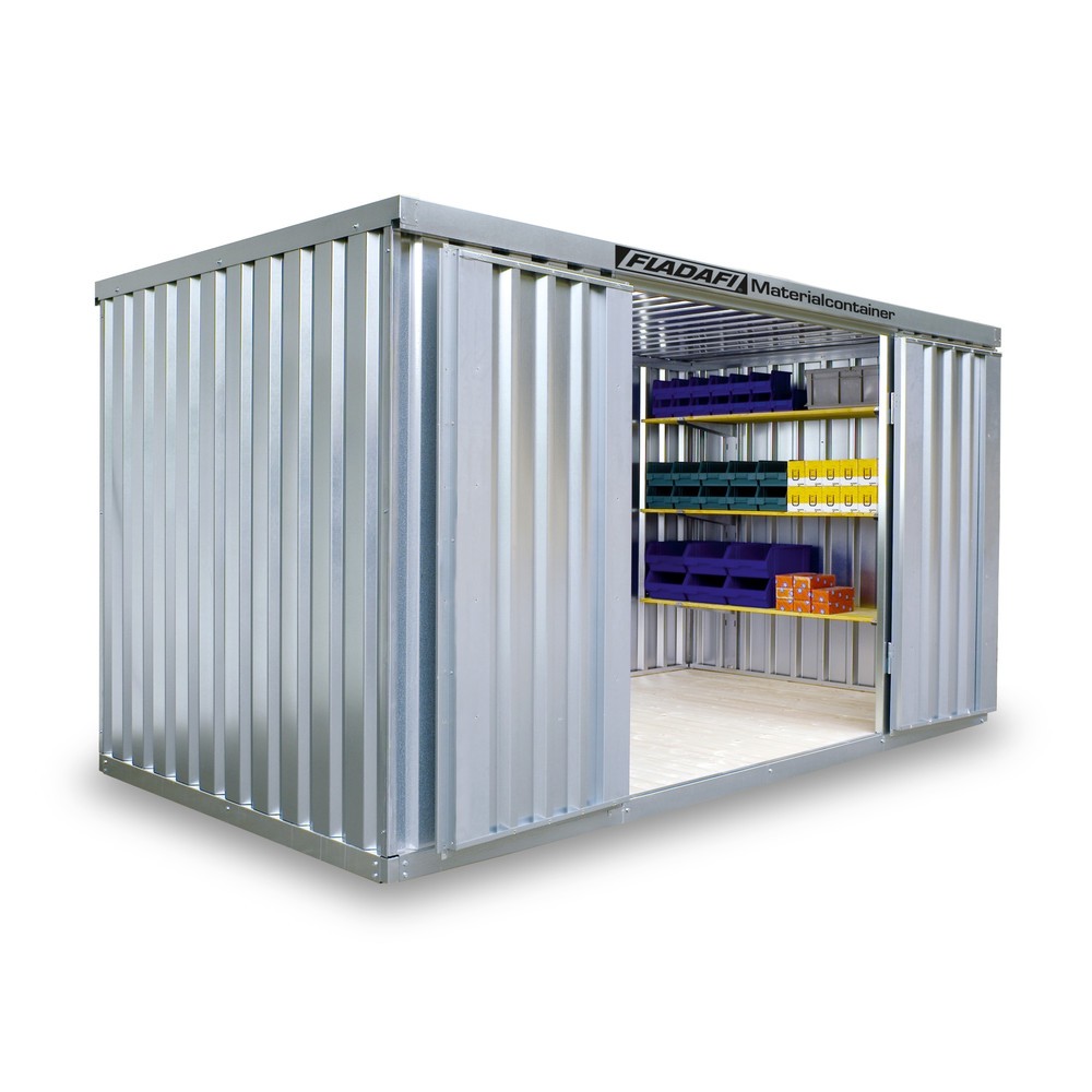 FLADAFI® Materialcontainer, verzinkt, zerlegt, 6 m², mit Holzfussboden, HxBxT 2.150 x 3.050 x 2.170 mm, Doppelflügeltür (asymmetrische Teilung), mittig in Breitseite, Zusatztür