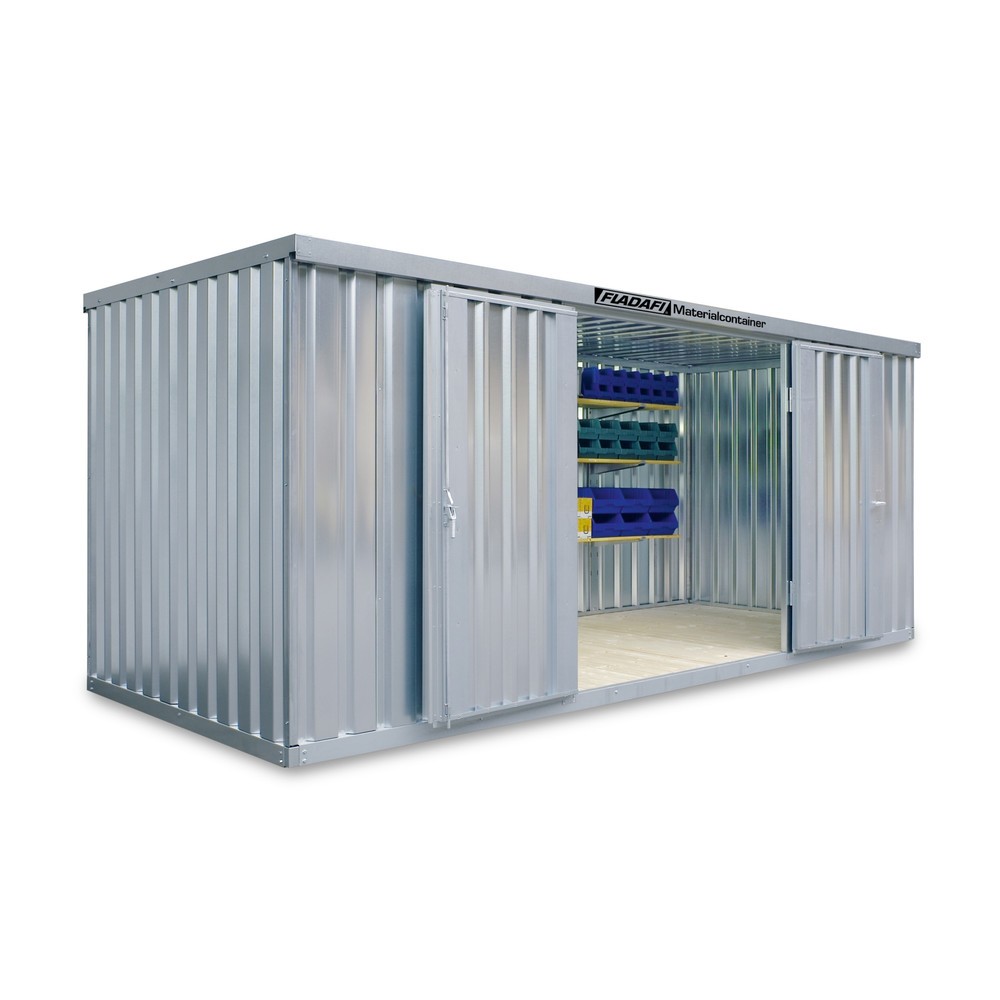 FLADAFI® Materialcontainer, verzinkt, zerlegt, 10 m², mit Holzfussboden, HxBxT 2.150 x 5.080 x 2.170 mm, Doppelflügeltür (asymmetrische Teilung), mittig in Stirnseite