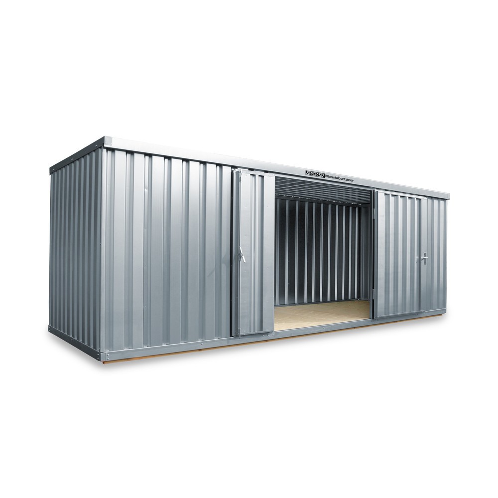 FLADAFI® Materialcontainer, verzinkt, zerlegt, 12 m², mit Holzfussboden, HxBxT 2.150 x 6.080 x 2.170 mm, Doppelflügeltür, mittig in Breitseite