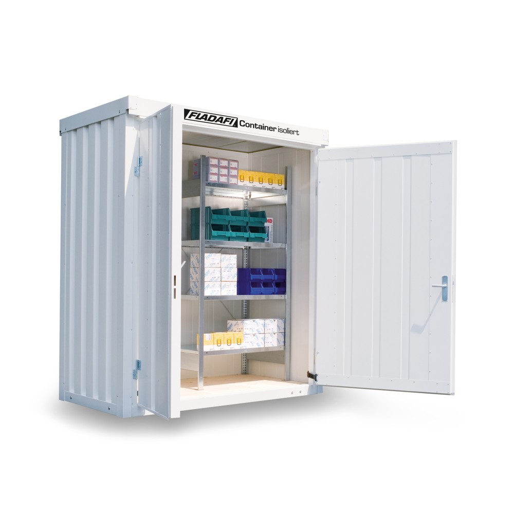 FLADAFI® Materialcontainer, isoliert, 2 m², mit Holzfussboden, HxBxT 2.405 x 2 100 x 1.140 mm, Doppelflügeltür (asymmetrische Teilung), mittig in Breitseite