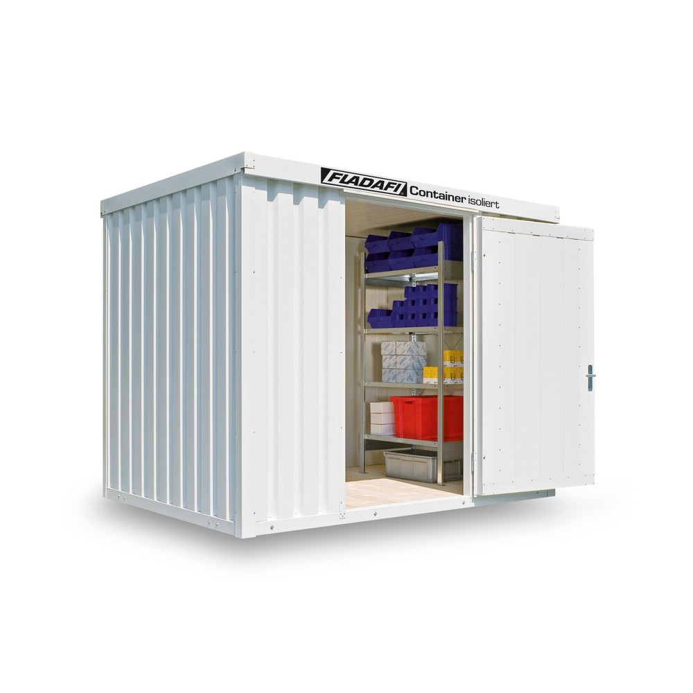 FLADAFI® Materialcontainer, isoliert, 6 m², mit Holzfussboden, HxBxT 2.405 x 3.050 x 2170 mm, Doppelflügeltür (asymmetrische Teilung), mittig in Breitseite