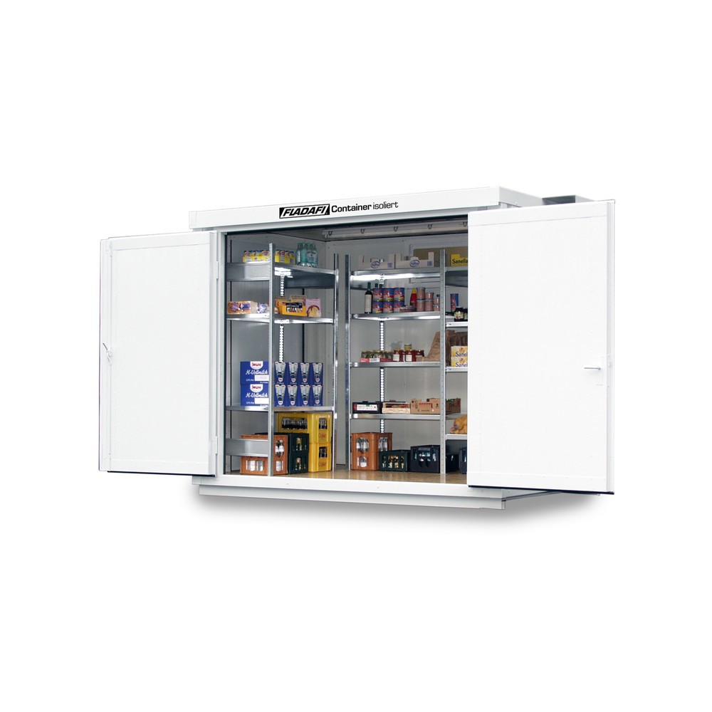 FLADAFI® Materialcontainer, isoliert, 6 m², mit isoliertem Boden, HxBxT 2.500 x 3.050 x 2170 mm, Doppelflügeltür (asymmetrische Teilung), mittig in Breitseite, Zusatztür