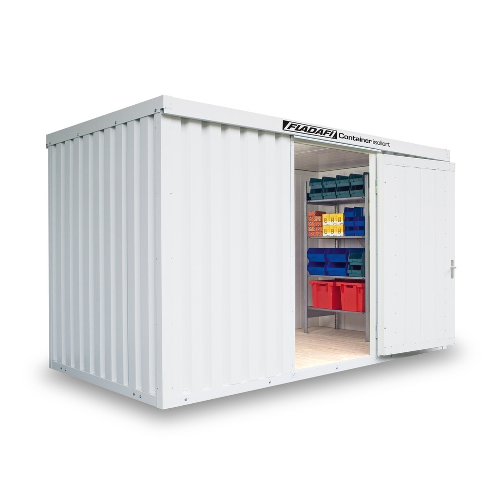 FLADAFI® Materialcontainer, isoliert, 8 m², mit Holzfussboden, HxBxT 2.405 x 4.050 x 2170 mm, Doppelflügeltür (asymmetrische Teilung), mittig in Breitseite, Zusatztür