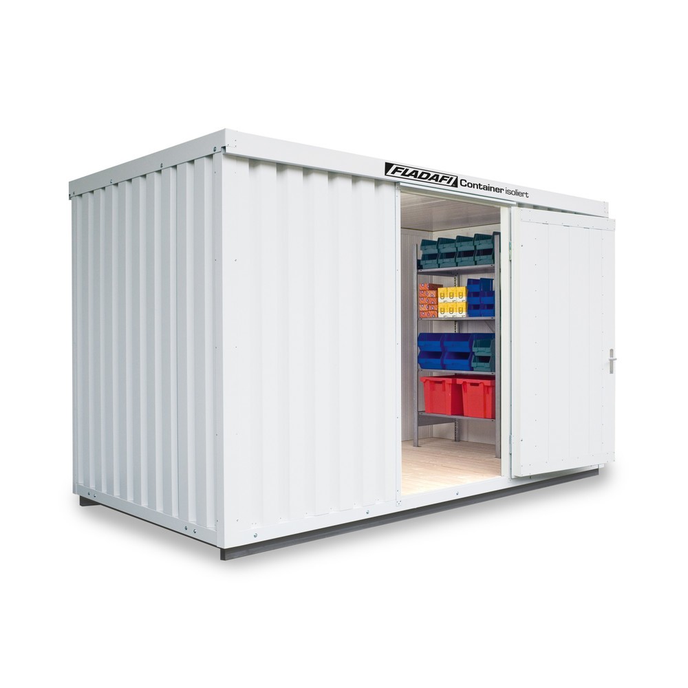 FLADAFI® Materialcontainer, isoliert, 8 m², mit isoliertem Boden, HxBxT 2.500 x 4.050 x 2170 mm, Doppelflügeltür (asymmetrische Teilung), mittig in Stirnseite