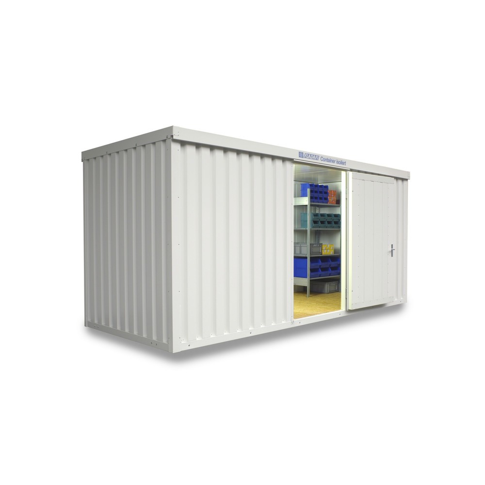 FLADAFI® Materialcontainer, isoliert, 10 m², mit Holzfussboden, HxBxT 2.405 x 5.080 x 2.170 mm, Doppelflügeltür (asymmetrische Teilung), mittig in Breitseite, Zusatztür