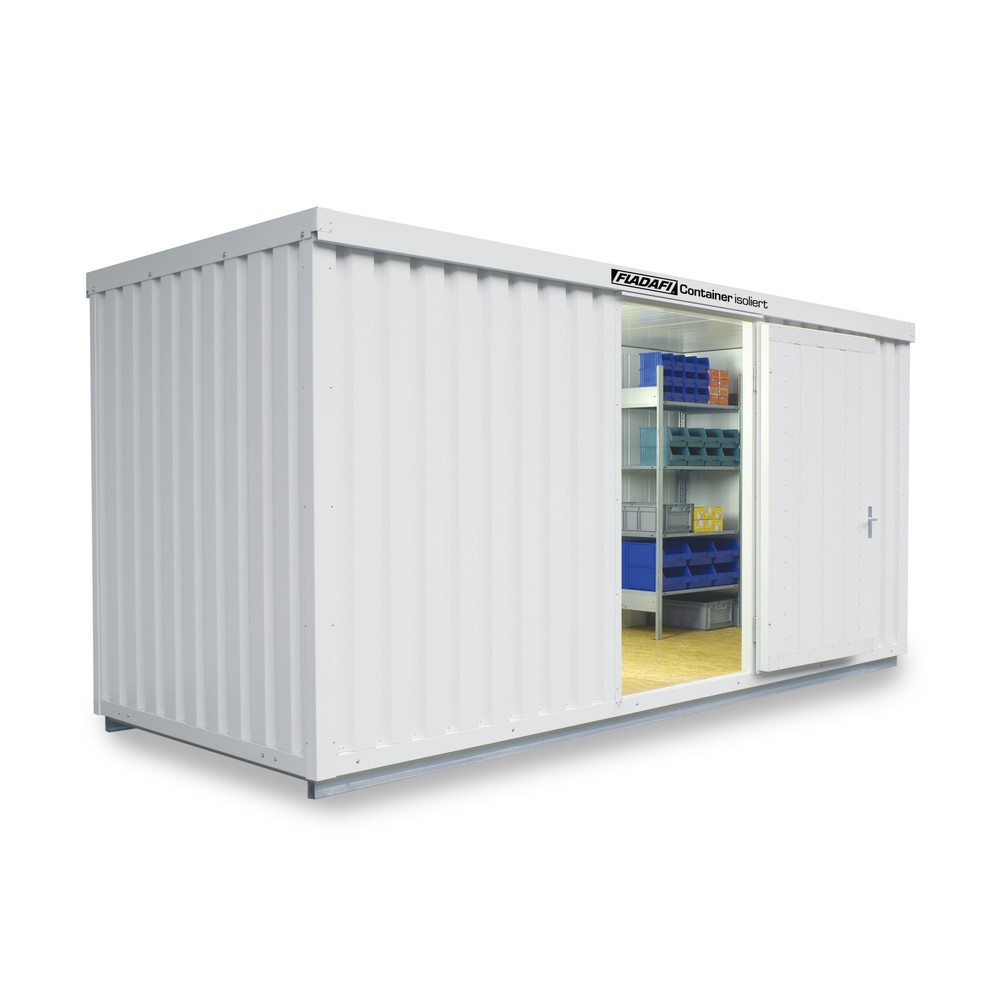 FLADAFI® Materialcontainer, isoliert, 10 m², mit isoliertem Boden, HxBxT 2.500 x 5.080 x 2.170 mm, Doppelflügeltür (asymmetrische Teilung), mittig in Stirnseite