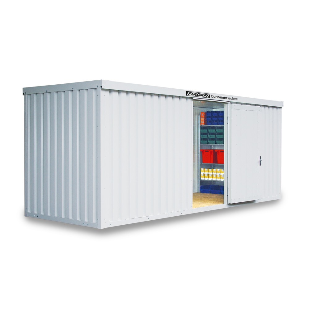 FLADAFI® Materialcontainer, isoliert, 12 m², mit Holzfussboden, HxBxT 2.405 x 6.080 x 2.170 mm, Doppelflügeltür (asymmetrische Teilung), mittig in Stirnseite