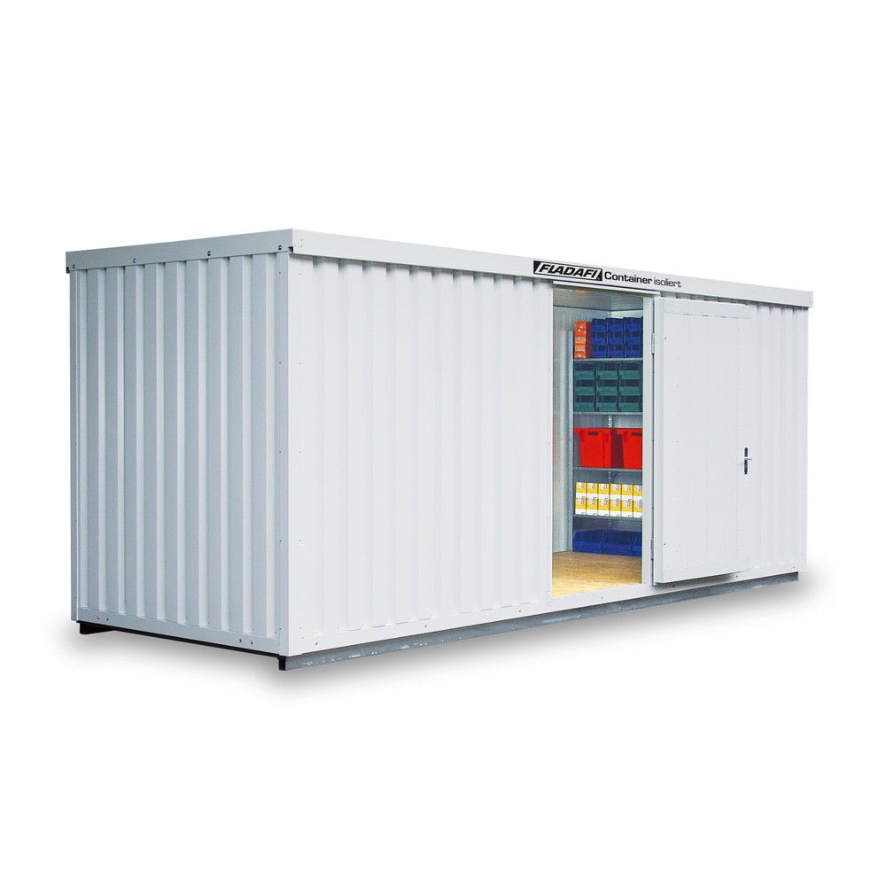 FLADAFI® Materialcontainer, isoliert, 12 m², mit isoliertem Boden, HxBxT 2.500 x 6.080 x 2.170 mm, Einzelflügeltür, mittig in Stirnseite