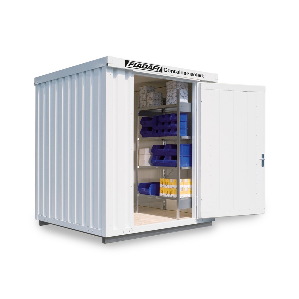 FLADAFI® Materialcontainer, isoliert, 4 m², mit isoliertem Boden, HxBxT 2.500 x 2.100 x 2170 mm, Einzelflügeltür, mittig in Breitseite