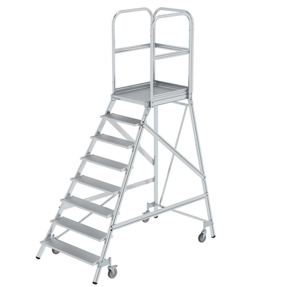 Podesttreppe einseitig begehbar mit Federrollen Aluminium geriffelt 8 Stufen