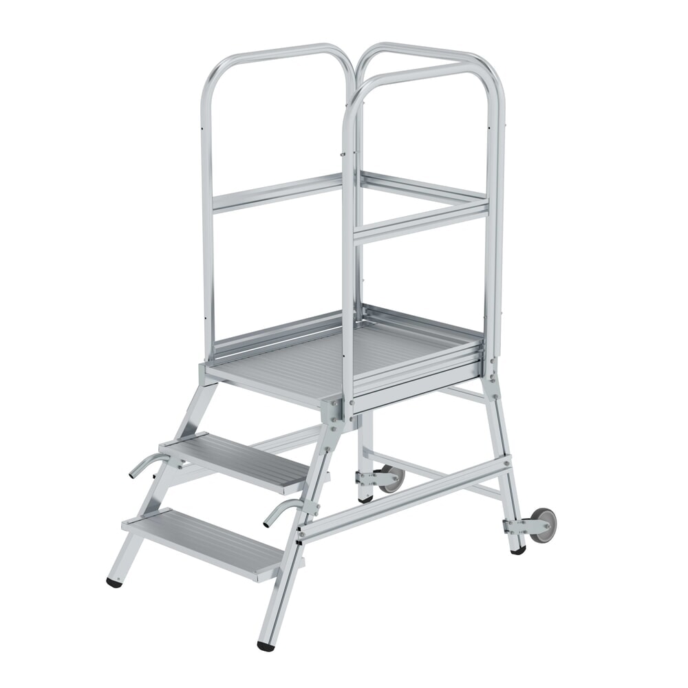 Munk Podesttreppe einseitig begehbar mit Rollen und Griffen Aluminium geriffelt 3 Stufen
