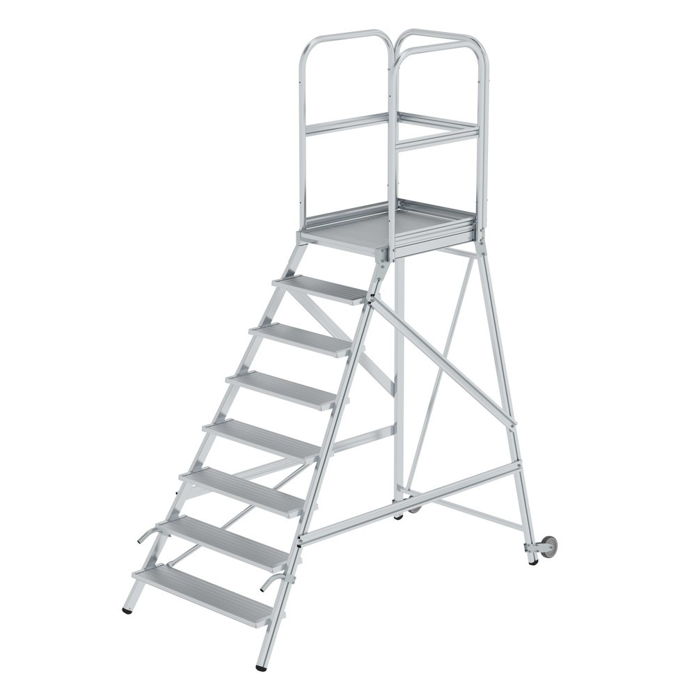Munk Podesttreppe einseitig begehbar mit Rollen und Griffen Aluminium geriffelt 8 Stufen