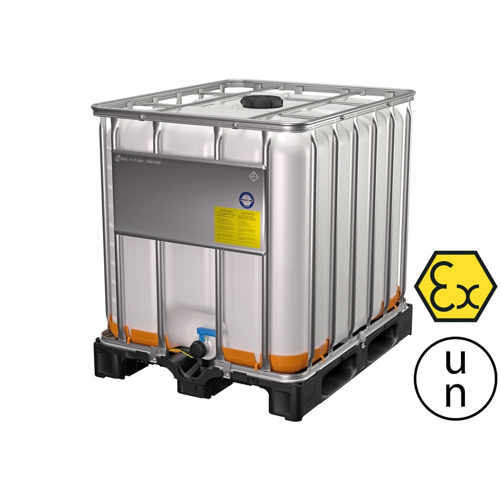 IBC-Container, auf Kunststoffpalette, mit verzinktem Stahlrohrrahmen, 1000 Liter, mit EX-Schutz