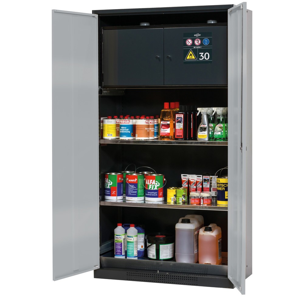 asecos® Chemikalienschrank CS-CLASSIC-F, mit Typ-30-Sicherheitsbox, Bodenauffangwanne mit Lochblech und 2 Fachböden, HxBxT 1.950 x 1.055 x 520 mm, silber
