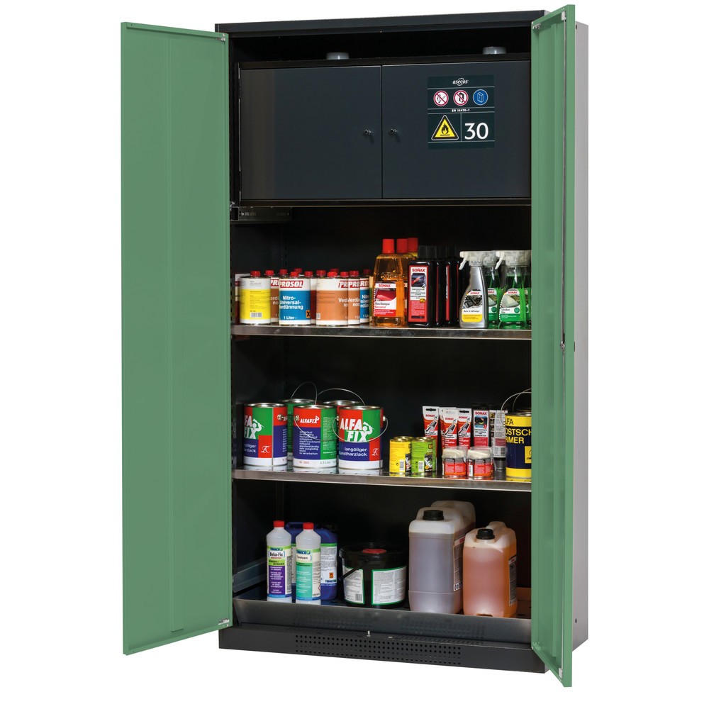 asecos® Chemikalienschrank CS-CLASSIC-F, mit Typ-30-Sicherheitsbox, Bodenauffangwanne mit Lochblech und 2 Fachböden, HxBxT 1.950 x 1.055 x 520 mm, resedagrün