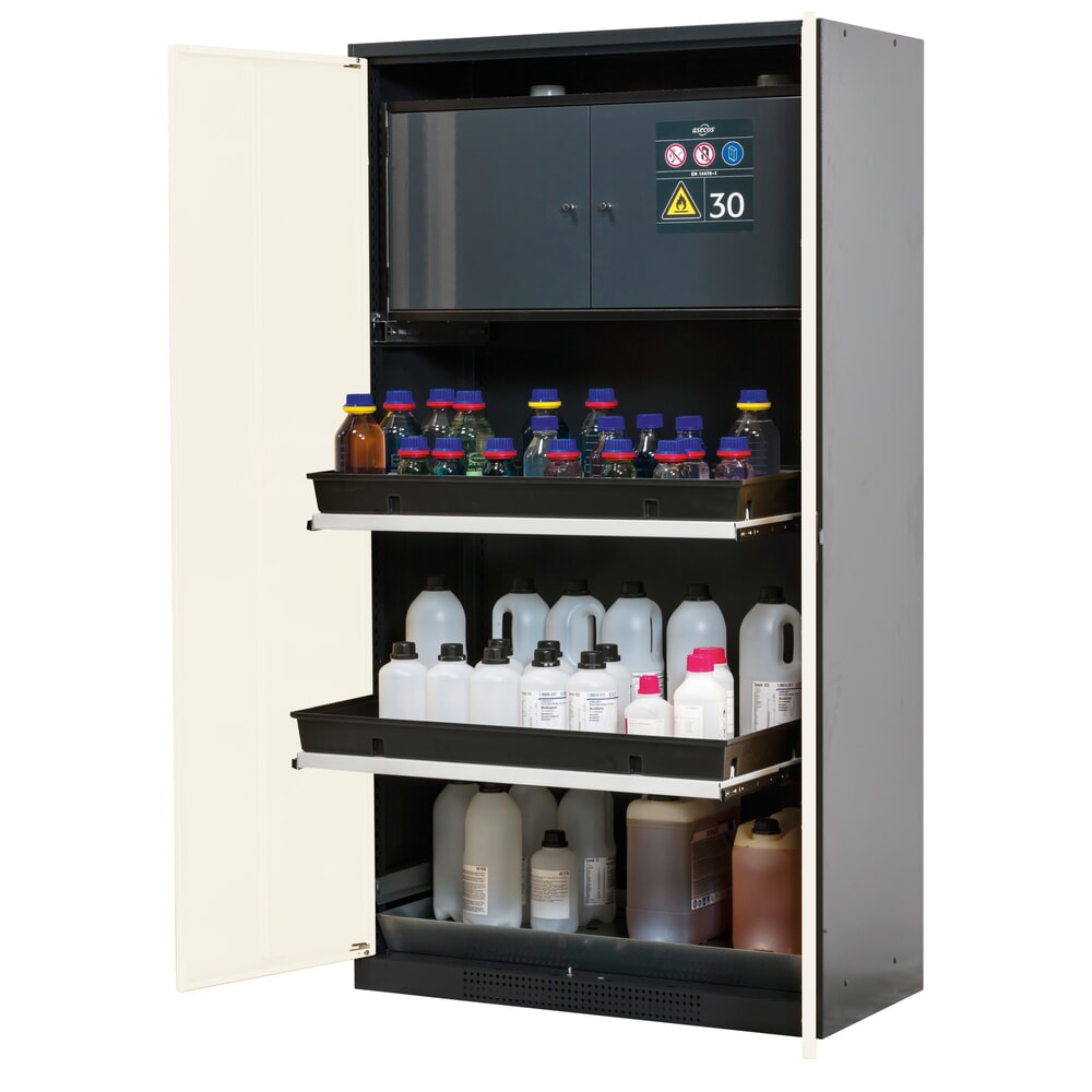asecos® Chemikalienschrank CS-CLASSIC-F, mit Typ-30-Sicherheitsbox, PP-Wanne und 3 Tablarauszügen, HxBxT 1.950 x 1.055 x 520 mm, reinweiß
