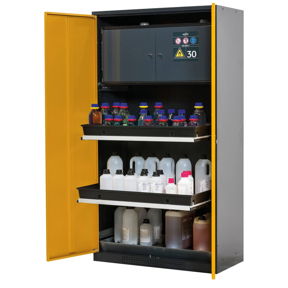 asecos® Chemikalienschrank CS-CLASSIC-F, mit Typ-30-Sicherheitsbox, PP-Wanne und 3 Tablarauszügen, HxBxT 1.950 x 1.055 x 520 mm, goldgelb