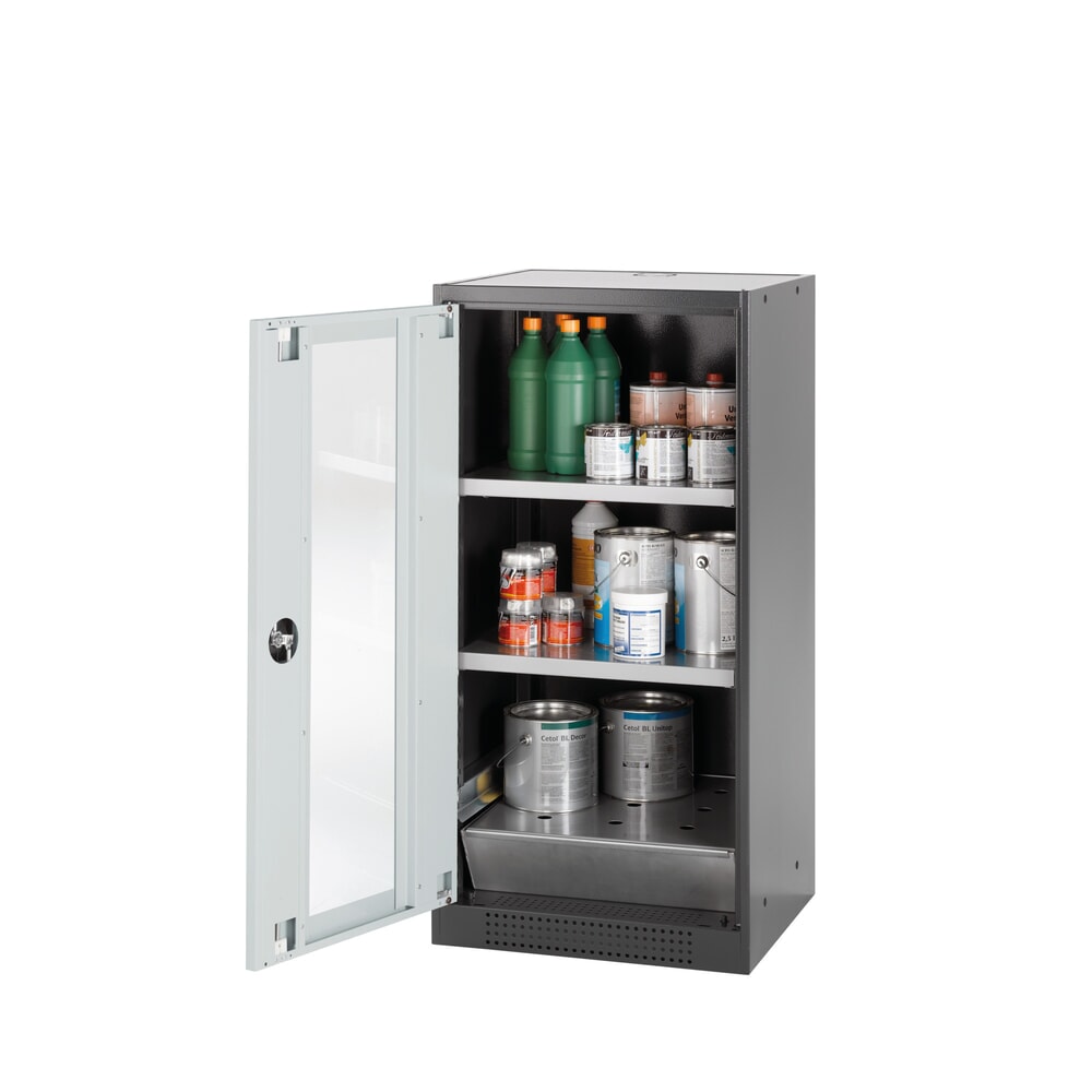 asecos® Chemikalienschrank CS-CLASSIC, mit Bodenauffangwanne mit Lochblech und 2 Fachböden, HxBxT 1.105 x 545 x 520 mm, lichtgrau