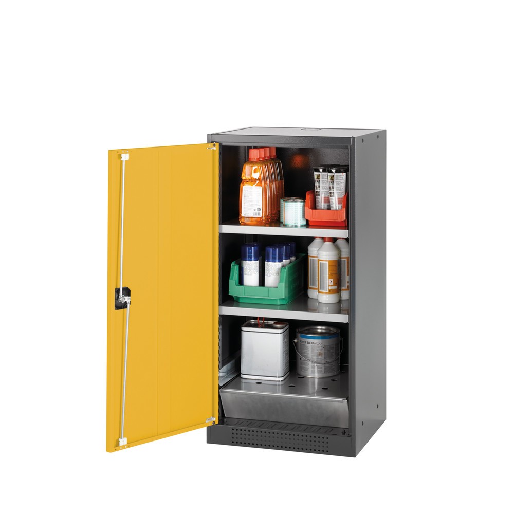 asecos® Chemikalienschrank CS-CLASSIC, mit Bodenauffangwanne mit Lochblech und 2 Fachböden, HxBxT 1.105 x 545 x 520 mm, goldgelb