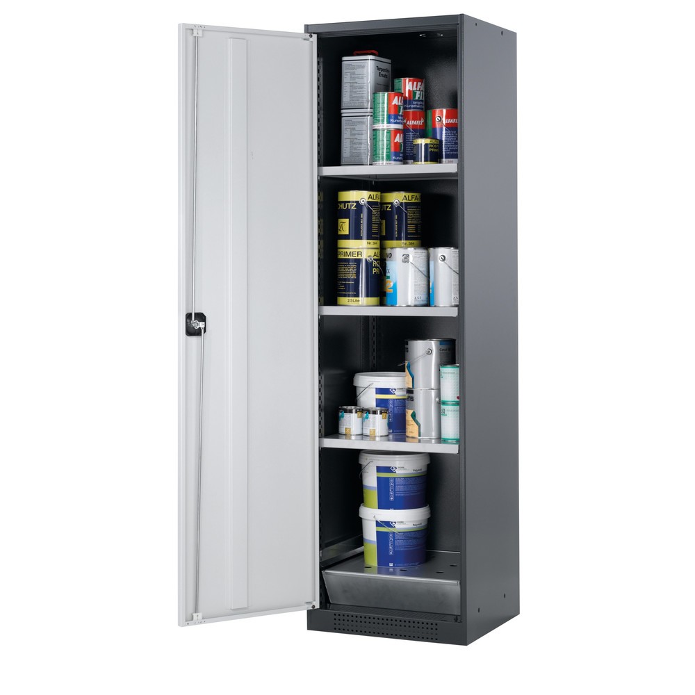 asecos® Chemikalienschrank CS-CLASSIC, mit Bodenauffangwanne mit Lochblech und 3 Fachböden, HxBxT 1.950 x 545 x 520 mm, lichtgrau