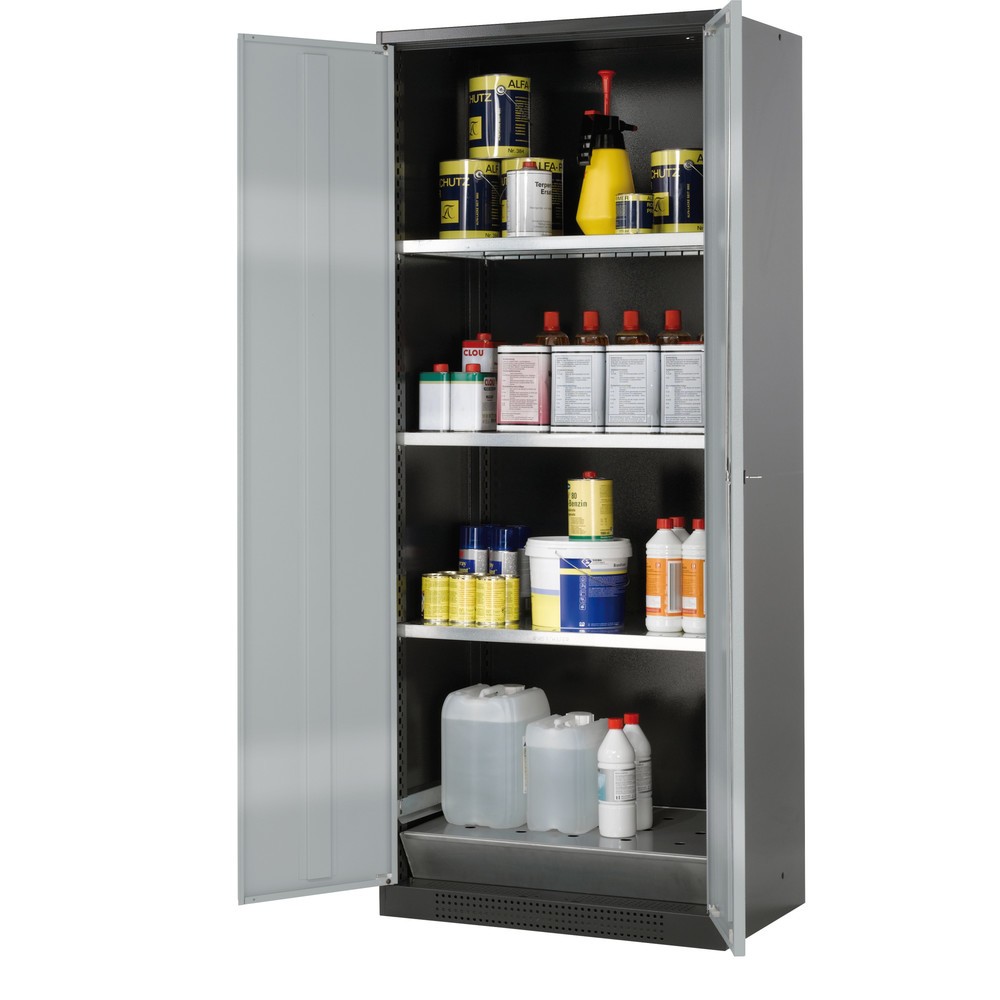 asecos® Chemikalienschrank CS-CLASSIC, mit Bodenauffangwanne mit Lochblech und 3 Fachböden, HxBxT 1.950 x 810 x 520 mm, silber