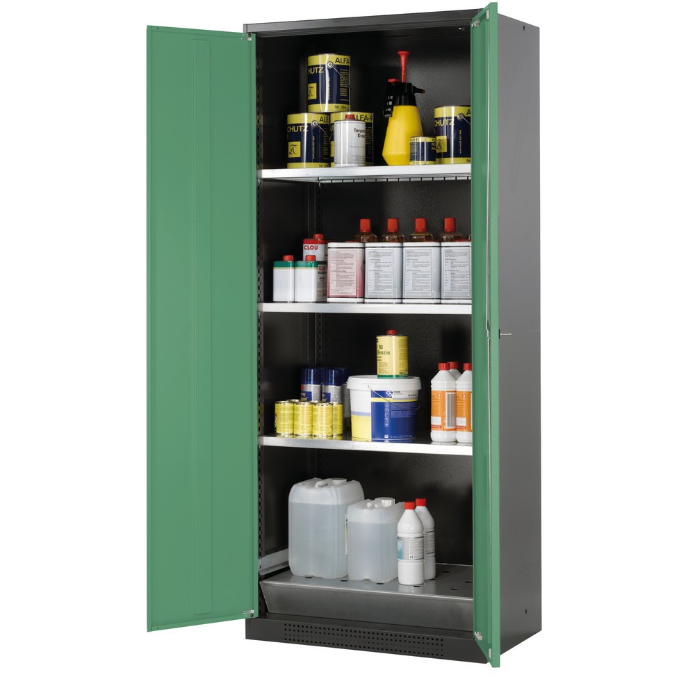 asecos® Chemikalienschrank CS-CLASSIC, mit Bodenauffangwanne mit Lochblech und 3 Fachböden, HxBxT 1.950 x 810 x 520 mm, resedagrün