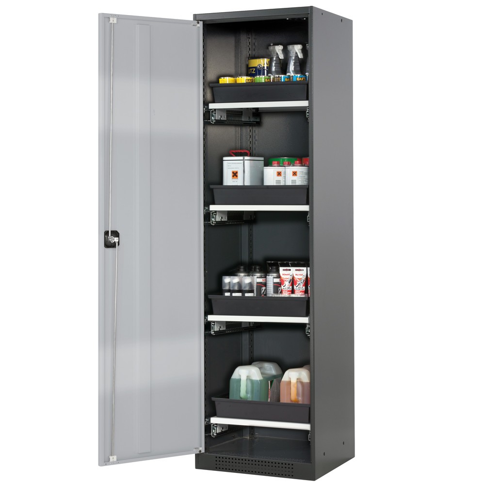 asecos® Chemikalienschrank CS-CLASSIC, mit 4 Tablarauszügen und PP-Wanne, HxBxT 1.950 x 545 x 520 mm, silber