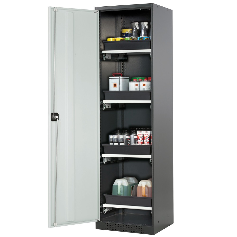 asecos® Chemikalienschrank CS-CLASSIC, mit 4 Tablarauszügen und PP-Wanne, HxBxT 1.950 x 545 x 520 mm, lichtgrau