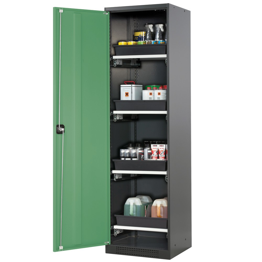 asecos® Chemikalienschrank CS-CLASSIC, mit 4 Tablarauszügen und PP-Wanne, HxBxT 1.950 x 545 x 520 mm, resedagrün