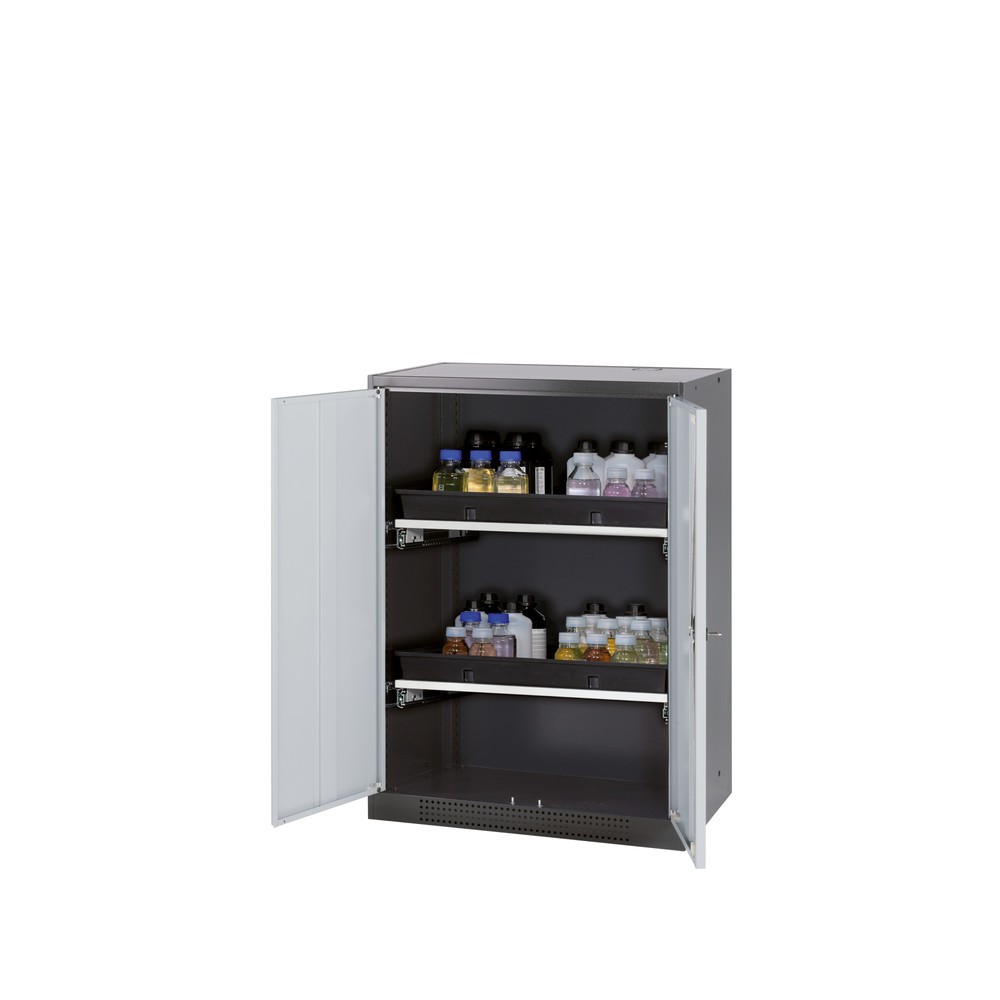 asecos® Chemikalienschrank CS-CLASSIC, mit 2 Tablarauszügen und PP-Wanne, HxBxT 1.105 x 810 x 520 mm, lichtgrau