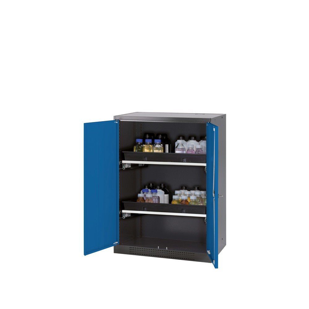 asecos® Chemikalienschrank CS-CLASSIC, mit 2 Tablarauszügen und PP-Wanne, HxBxT 1.105 x 810 x 520 mm, enzianblau