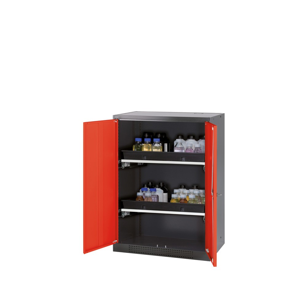 asecos® Chemikalienschrank CS-CLASSIC, mit 2 Tablarauszügen und PP-Wanne, HxBxT 1.105 x 810 x 520 mm, verkehrsrot