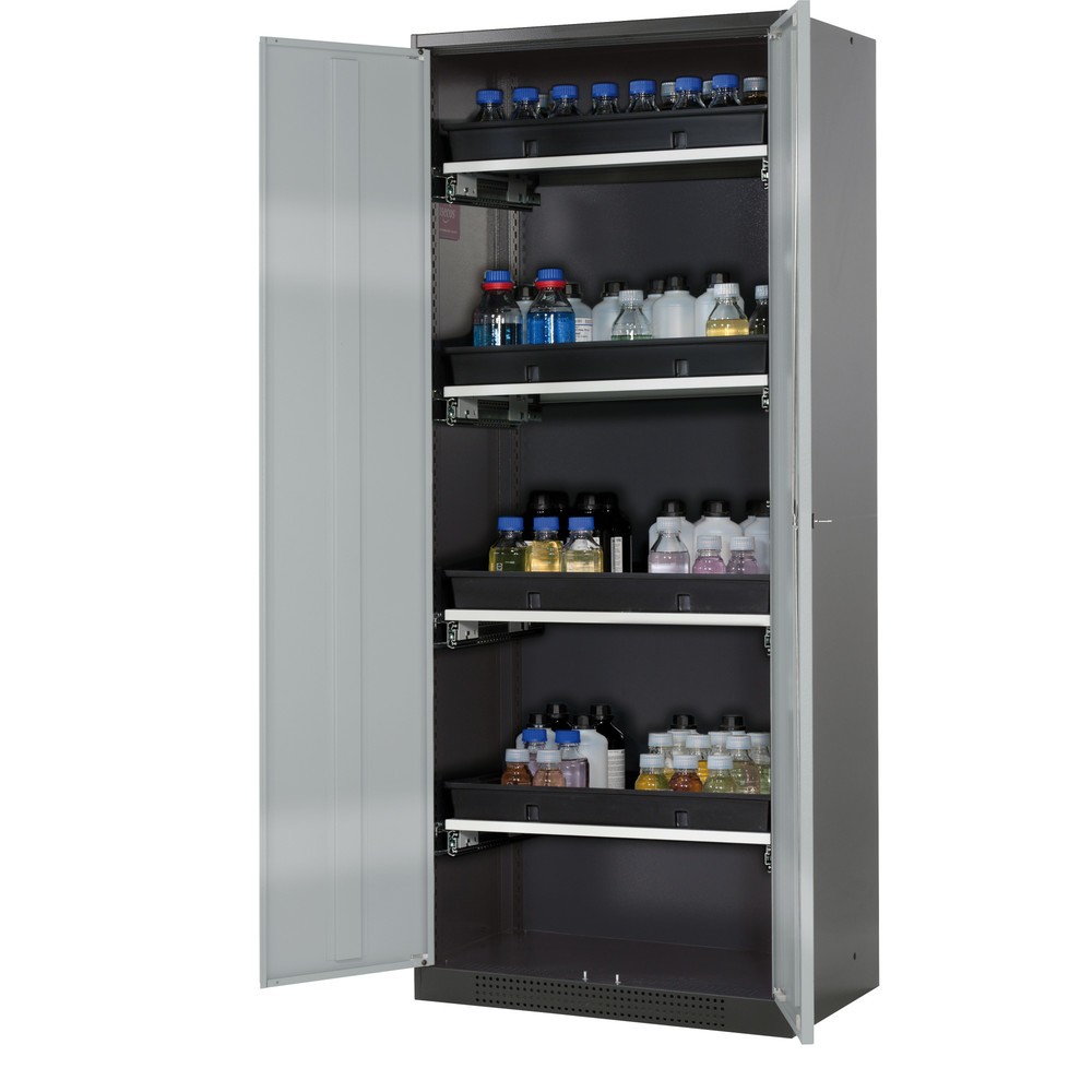 asecos® Chemikalienschrank CS-CLASSIC, mit 4 Tablarauszügen und PP-Wanne, HxBxT 1.950 x 810 x 520 mm, silber